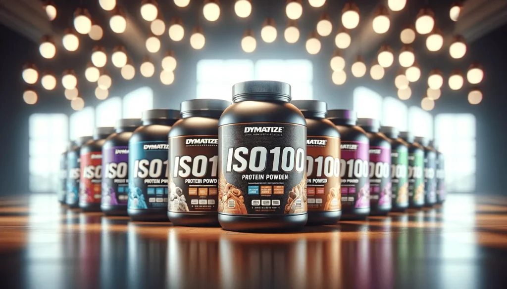 A lineup of Dymatize ISO100 protein powder containers